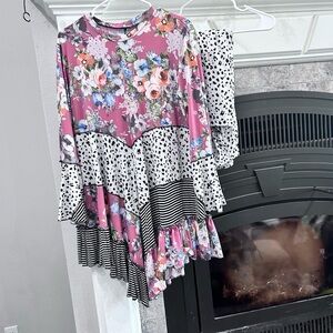 Pink Floral Patchwork Ruffle Tunic Blouse